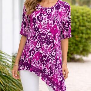 Chico's 2 Pink Purple White Ikat Asymmetrical Tunic Top Blouse Size L